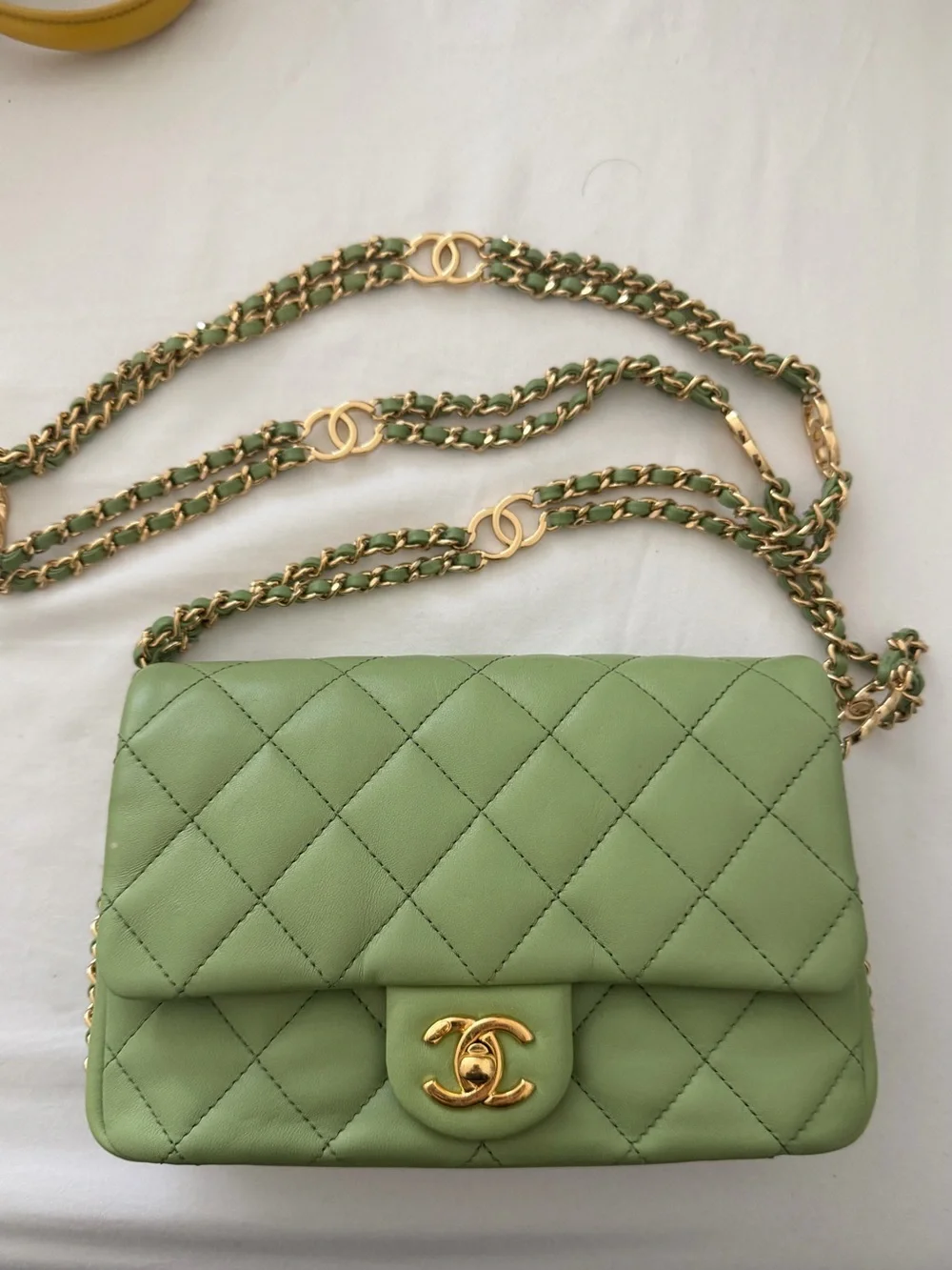 CHANEL Quilted Lambskin Mini Flap Bag in Light Green with Gold Hardware
